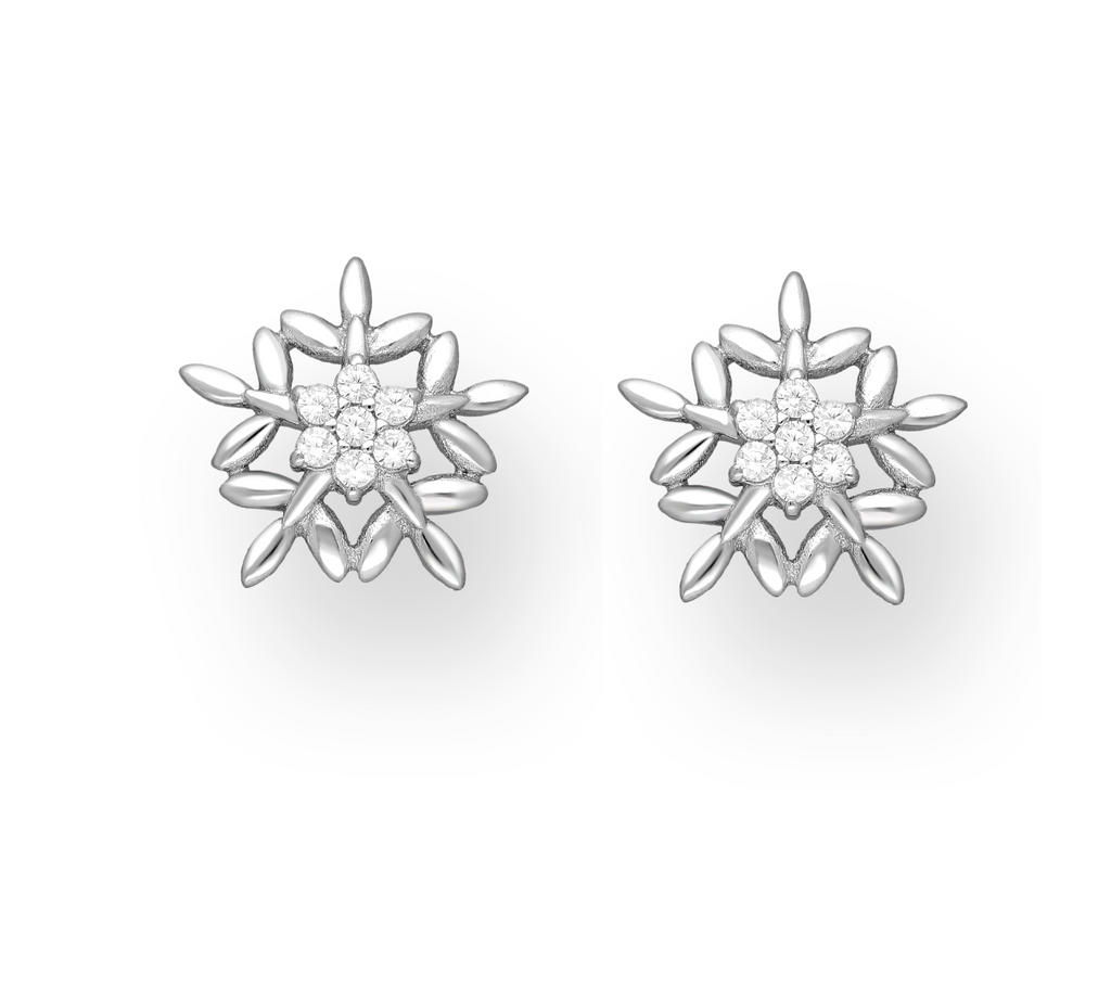 Sterling Silver five pointed snowflake earrings with CZ encrusted centre