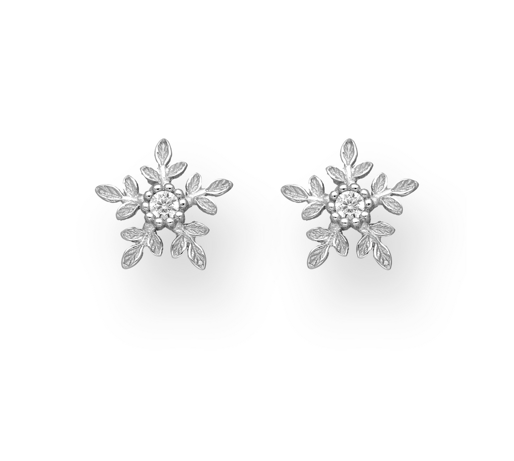 Sterling Silver floral and leaf push back earring with cz centre stone