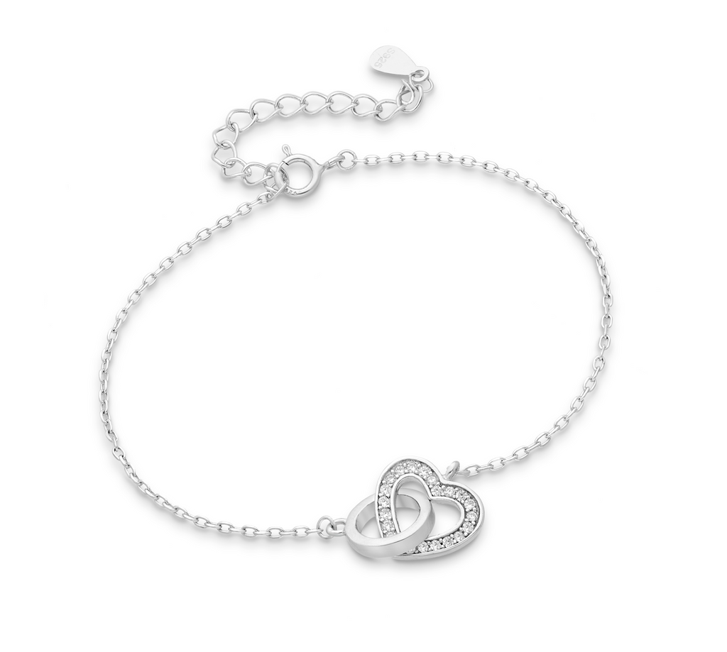 Sterling Silver interlocked CZ heart charm bracelet