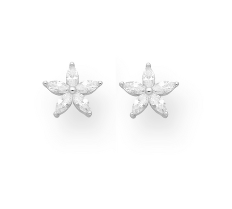 Sterling silver five pointed flower stud earring with CZ