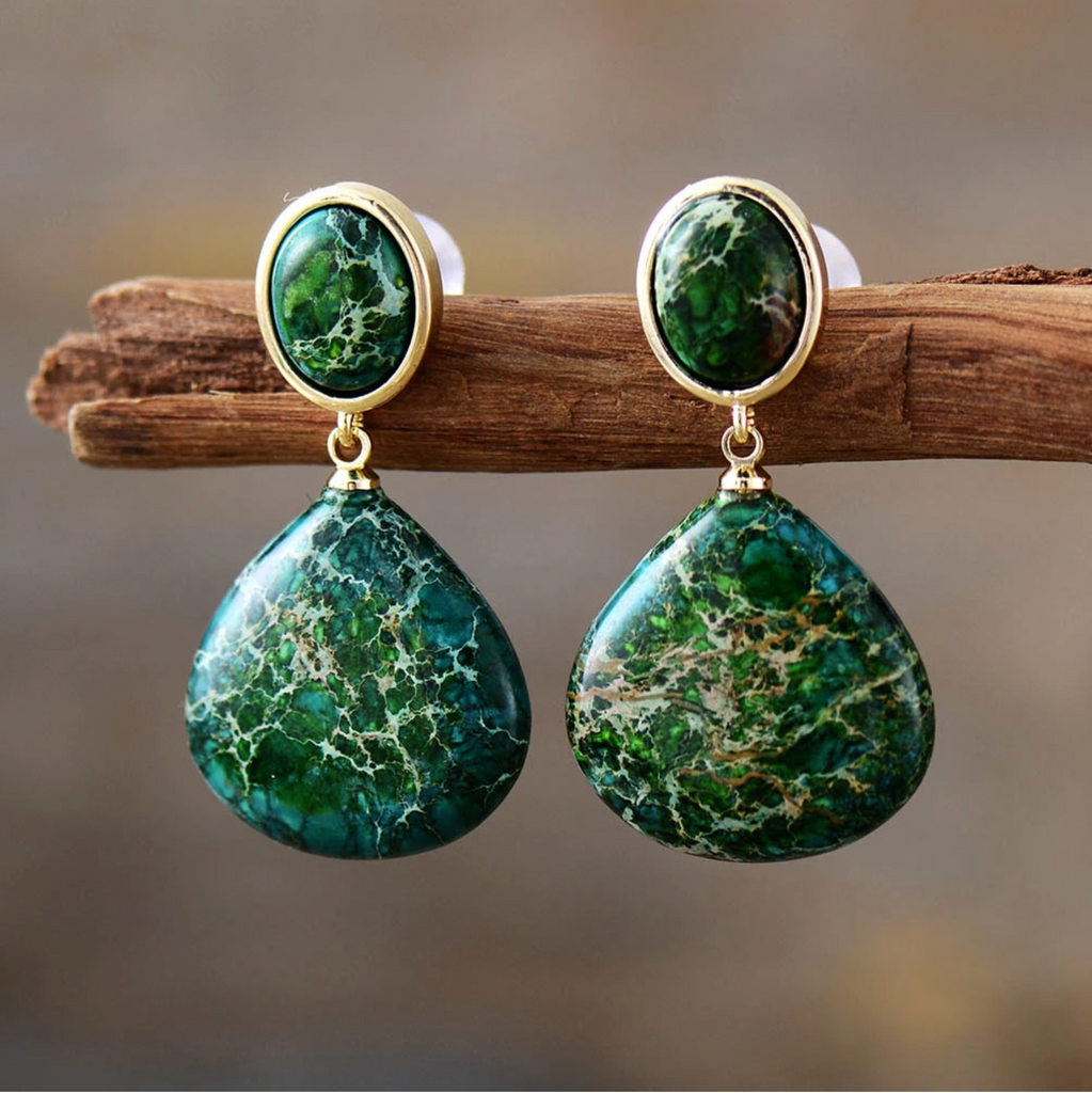 Green Jasper Teardrop Oval Gemstone Earrings