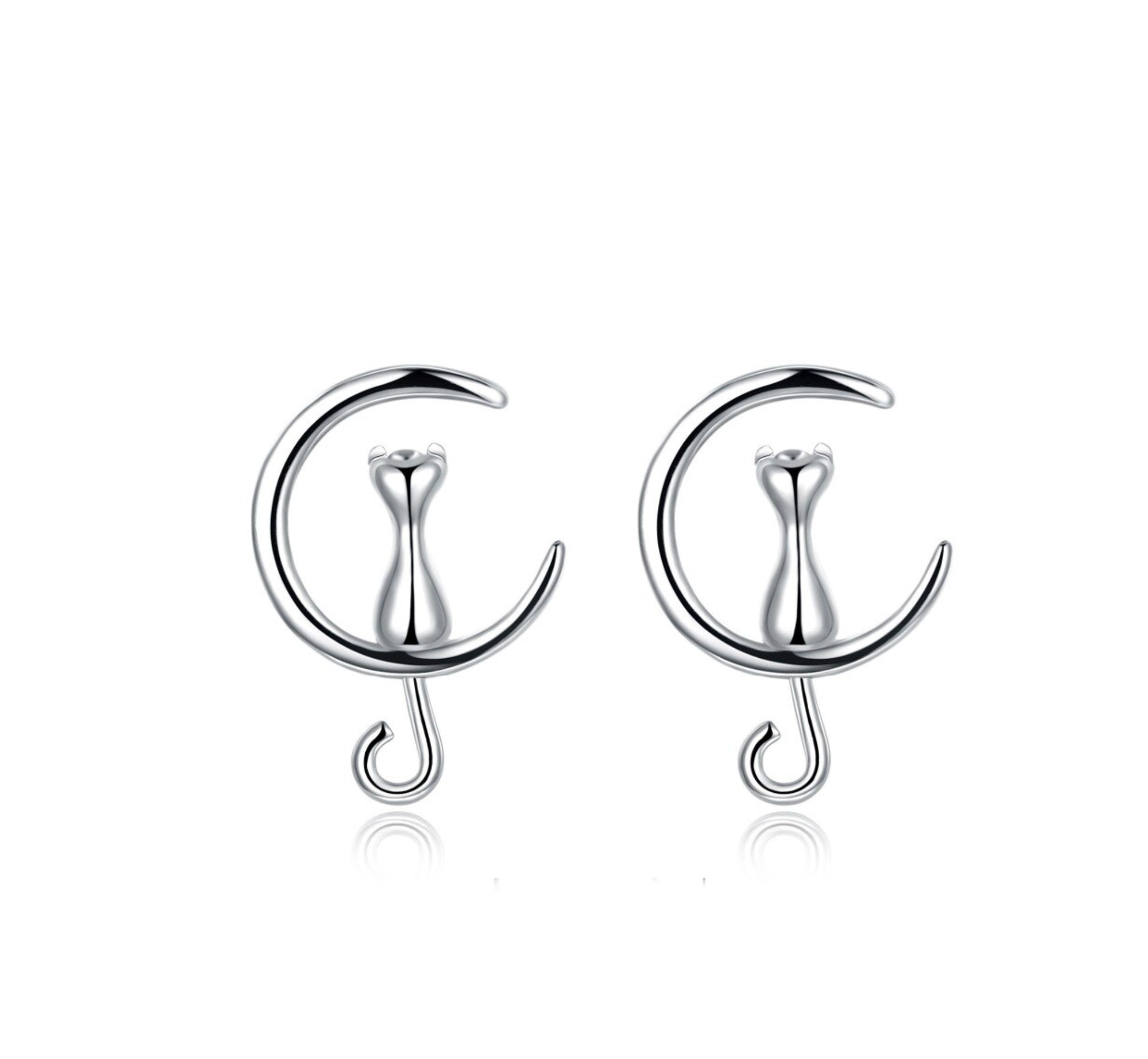 Sterling Silver Cat on Moon Stud Earrings