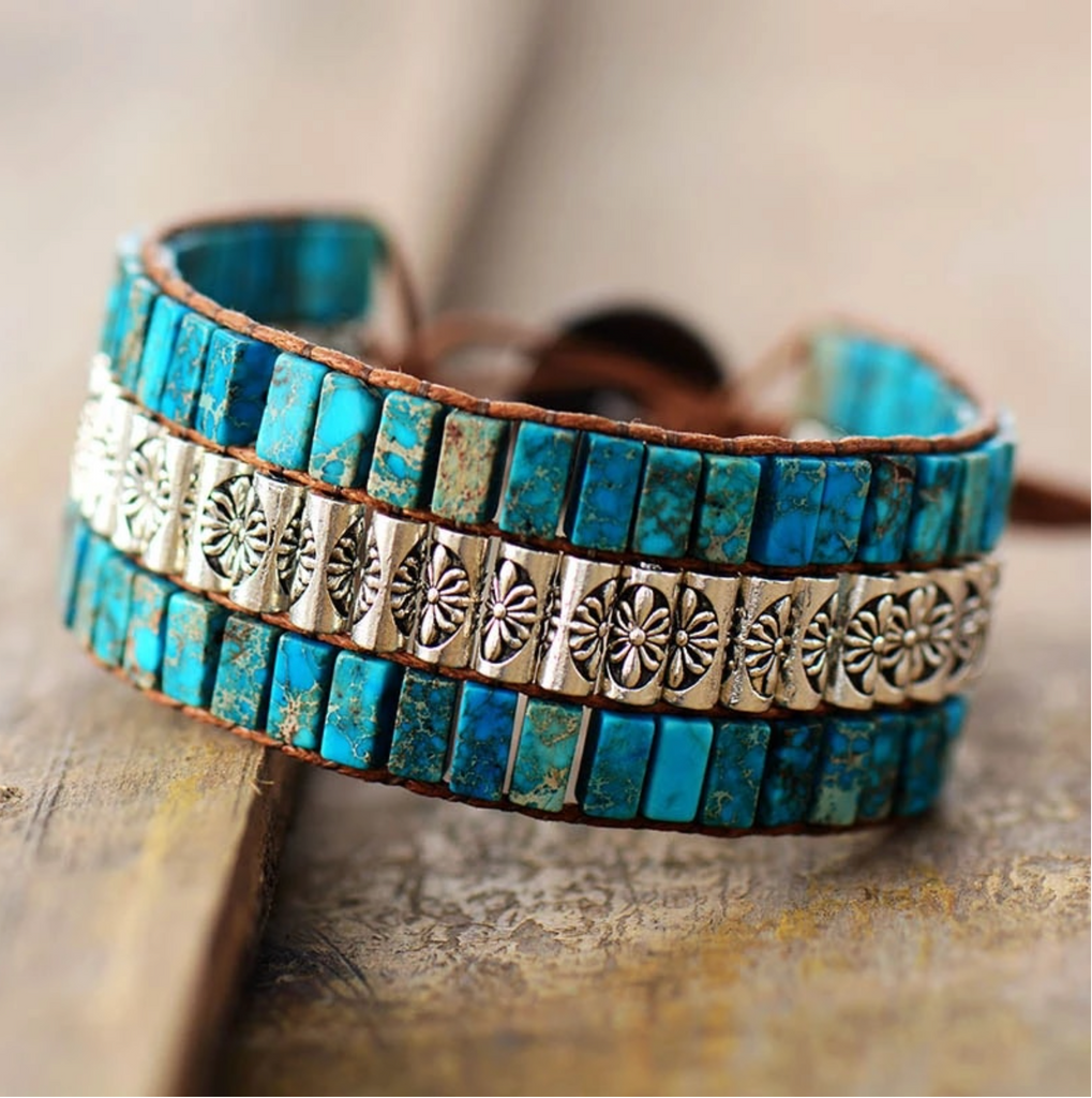 African Turquoise Silvertone Antiqued Leather Bracelet