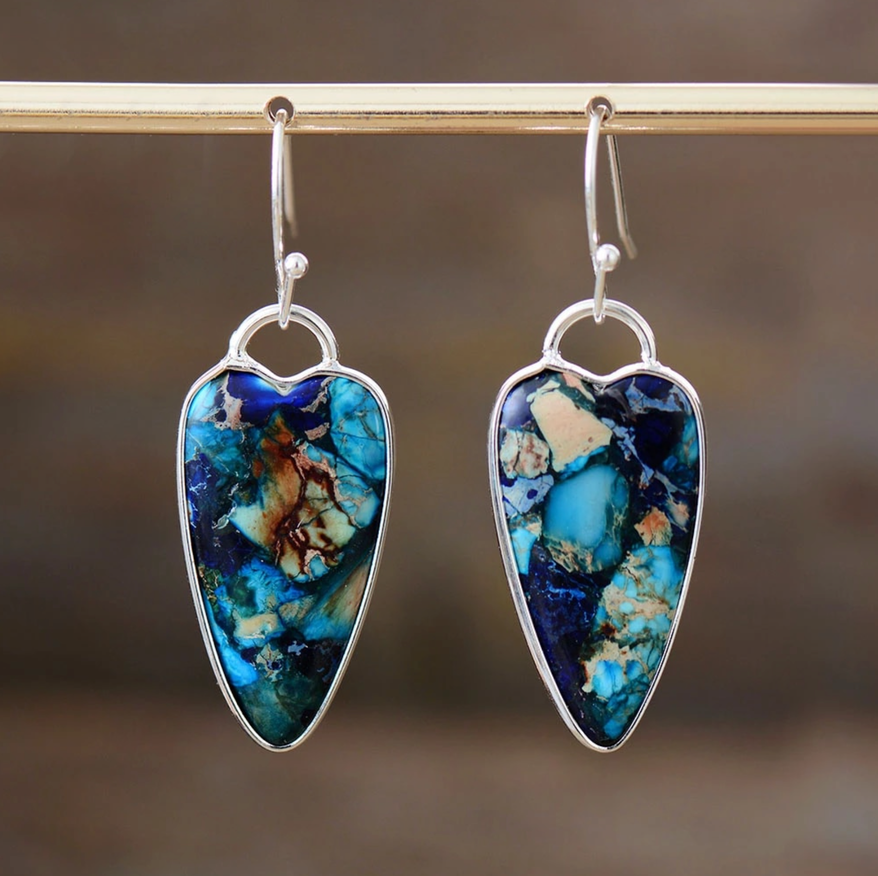 Jasper & Goldtone Heart Drop Earrings