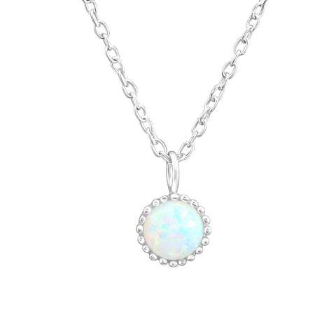 Sterling Silver Dainty White Opal Solitaire Pendant Necklace - Ag Sterling
