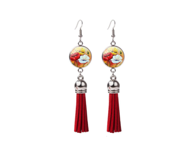 Red tassel earring with floral print - Don