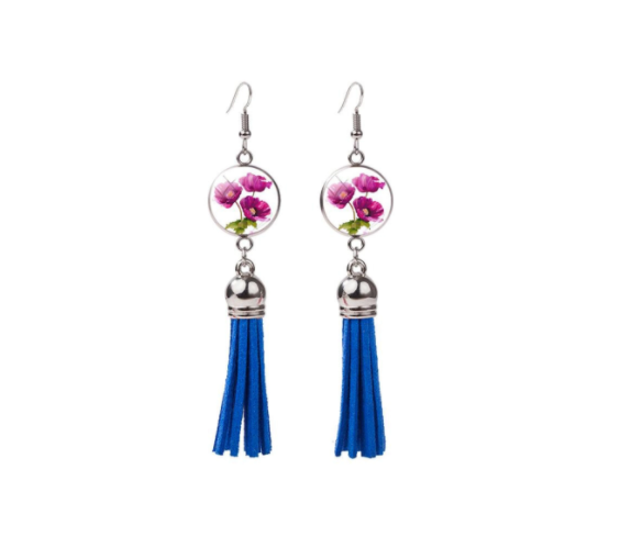 Blue tassel earring with floral print - Don't Ask