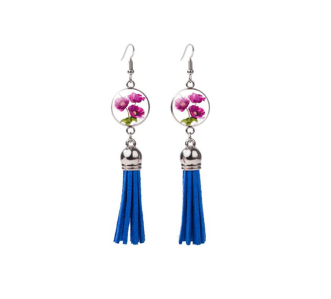 Blue tassel earring with floral print - Don't AsK