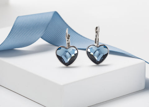 Denim Crystal Heart Leverback Earrings