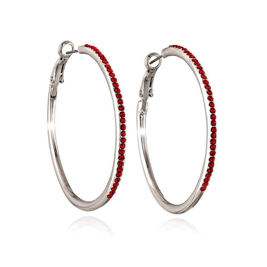 Silvertone & Red  Crystal Pave Hoop Earrings