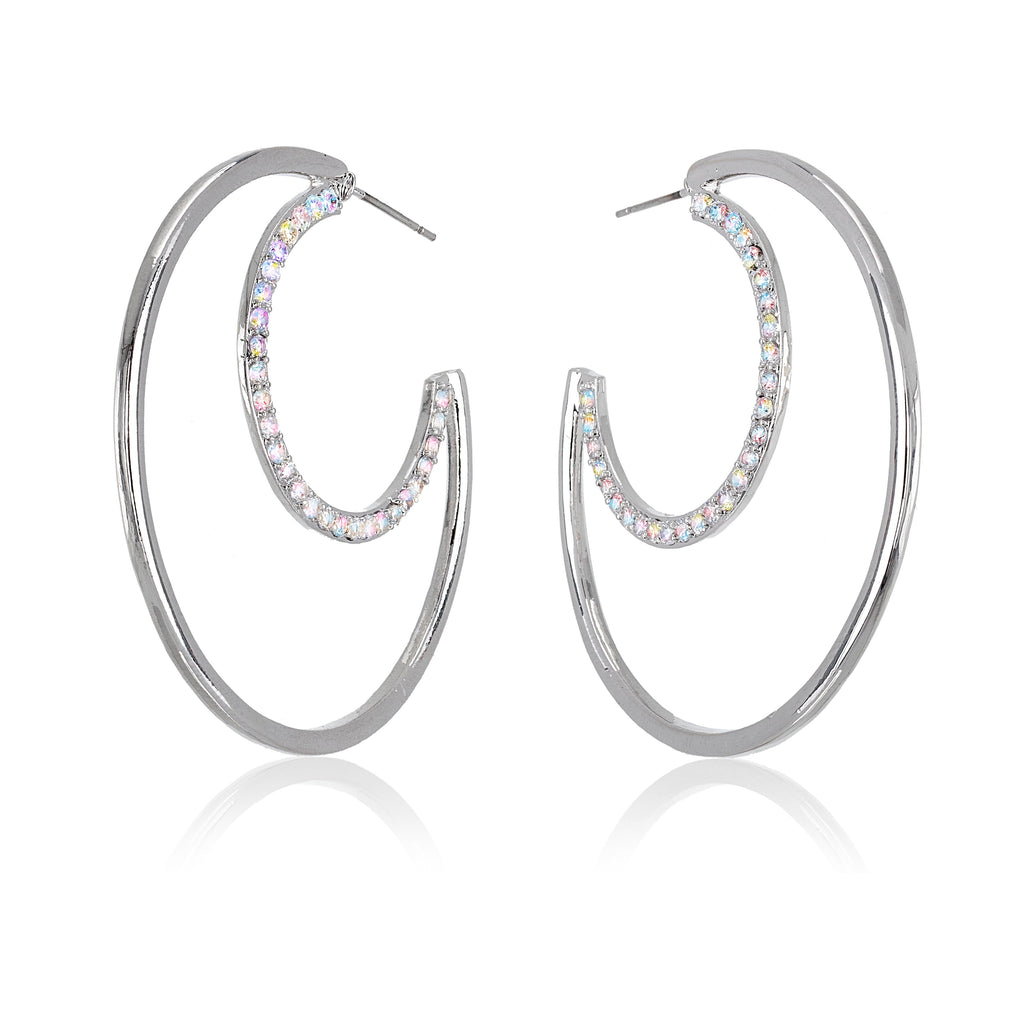 Silvertone & Aurora Borealis Half Moon Hoop Earrings with Swarovksi Crystals - Callura