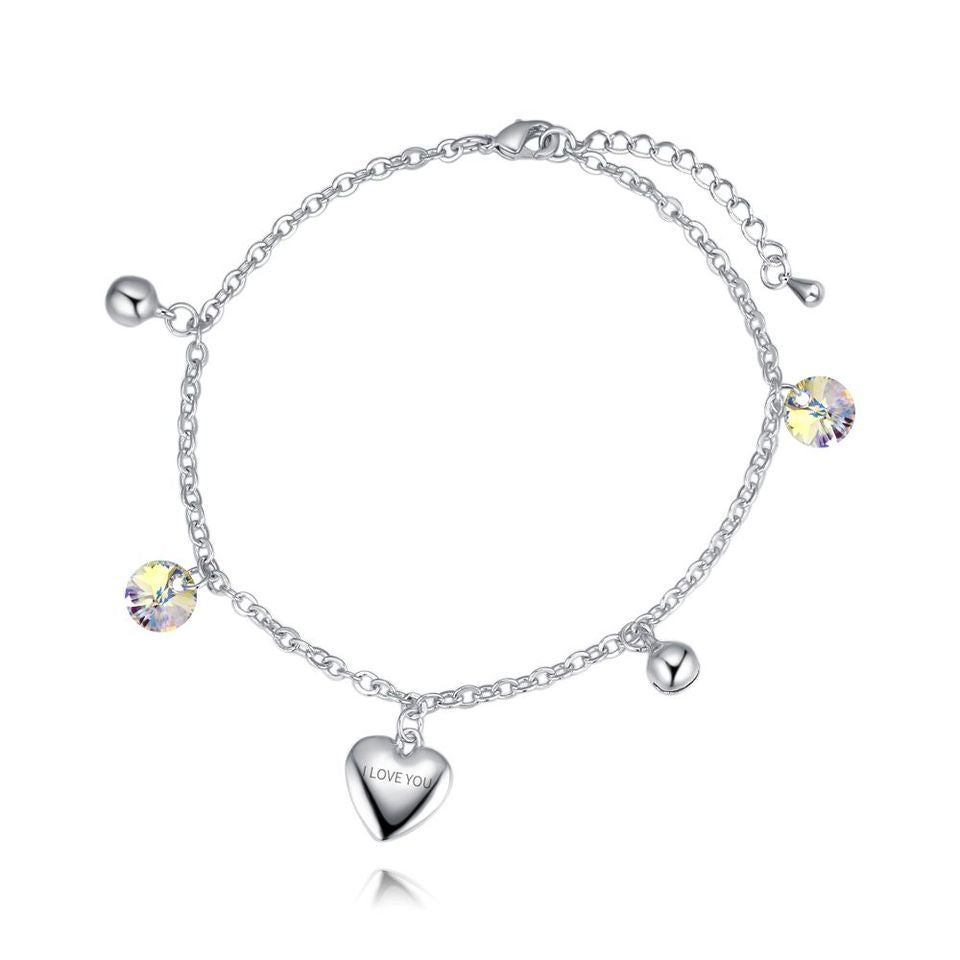 Aurora Borealis  Luxury Crystal   Silvertone Love You Heart Anklet