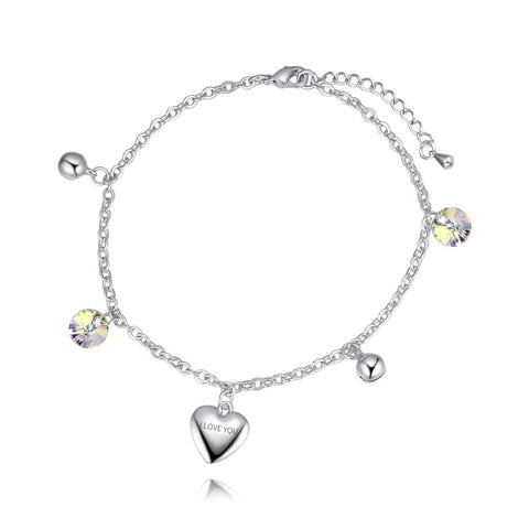 Aurora Borealis  Luxury Crystal   Silvertone Love You Heart Anklet