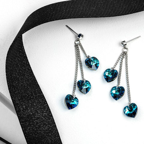 Bermuda Blue Triple Heart Drop Earrings with Luxury Crystals