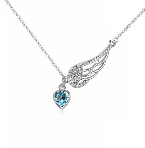 Aqua Luxury Crystal Heart Wing Pendant Necklace