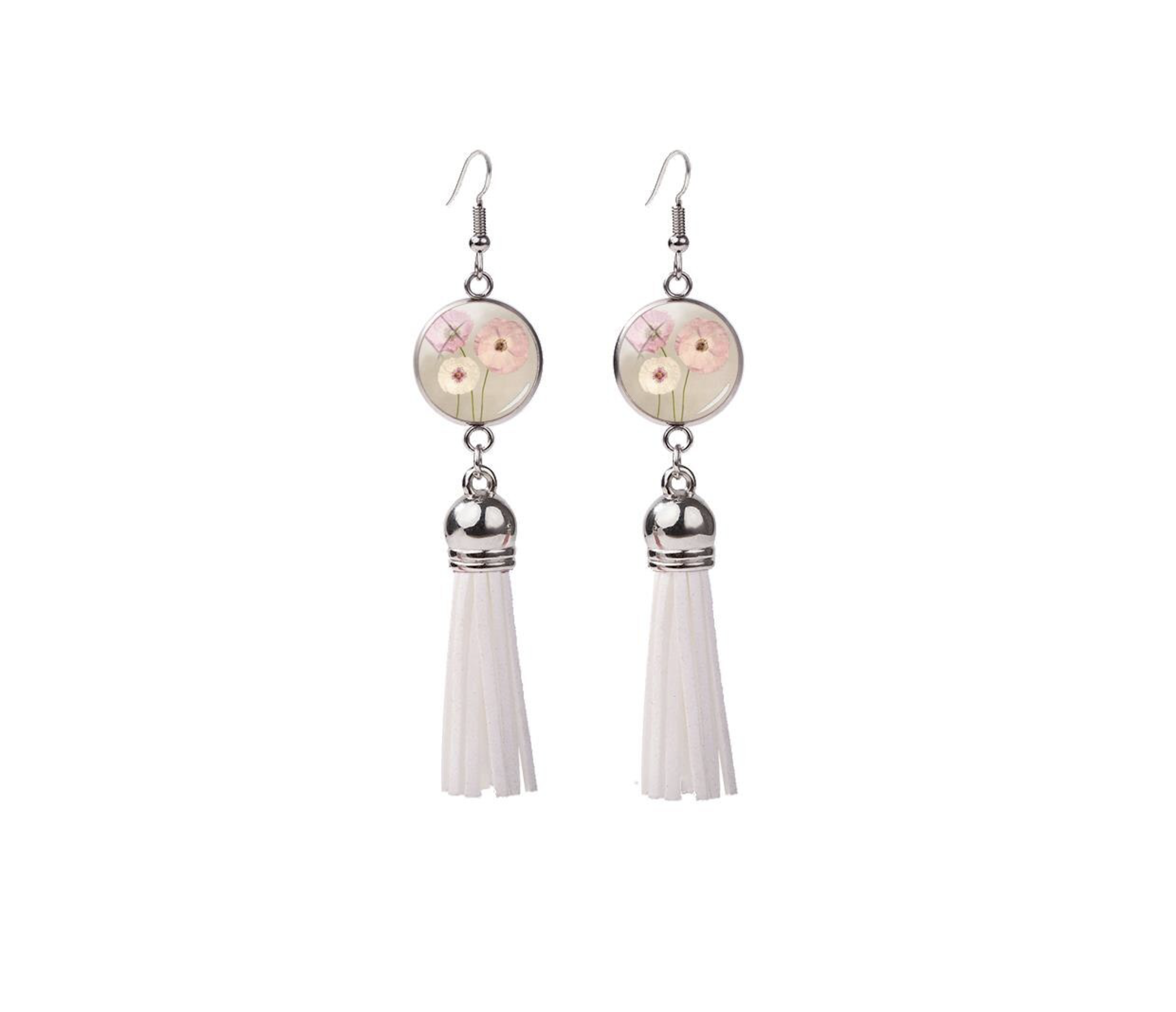 White tassel earring with floral print - Don't Ask