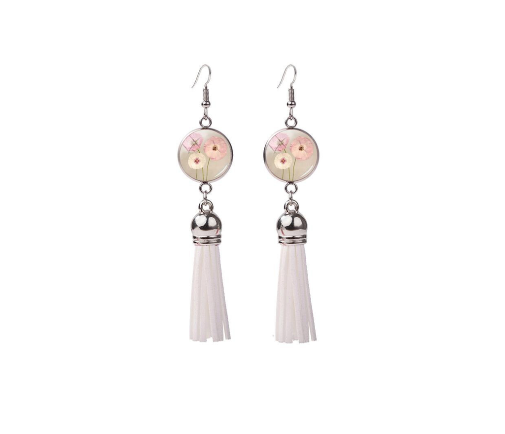 White tassel earring with floral print - Don