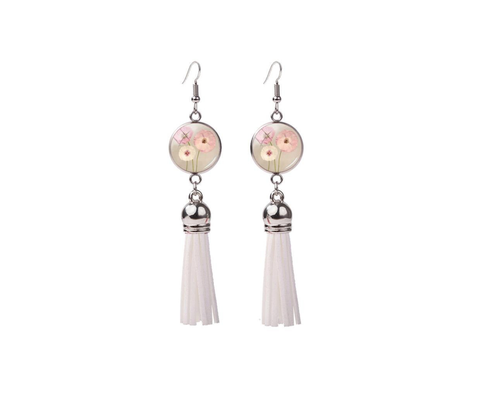White tassel earring with floral print - Don't AsK